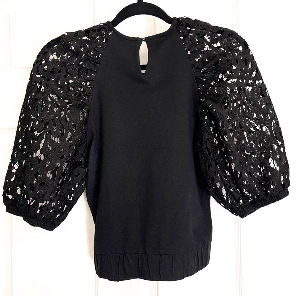 Anthropologie Dolan Balloon Sleeve Top Lace Cut Outs Black Sz S Boho‎ Volume